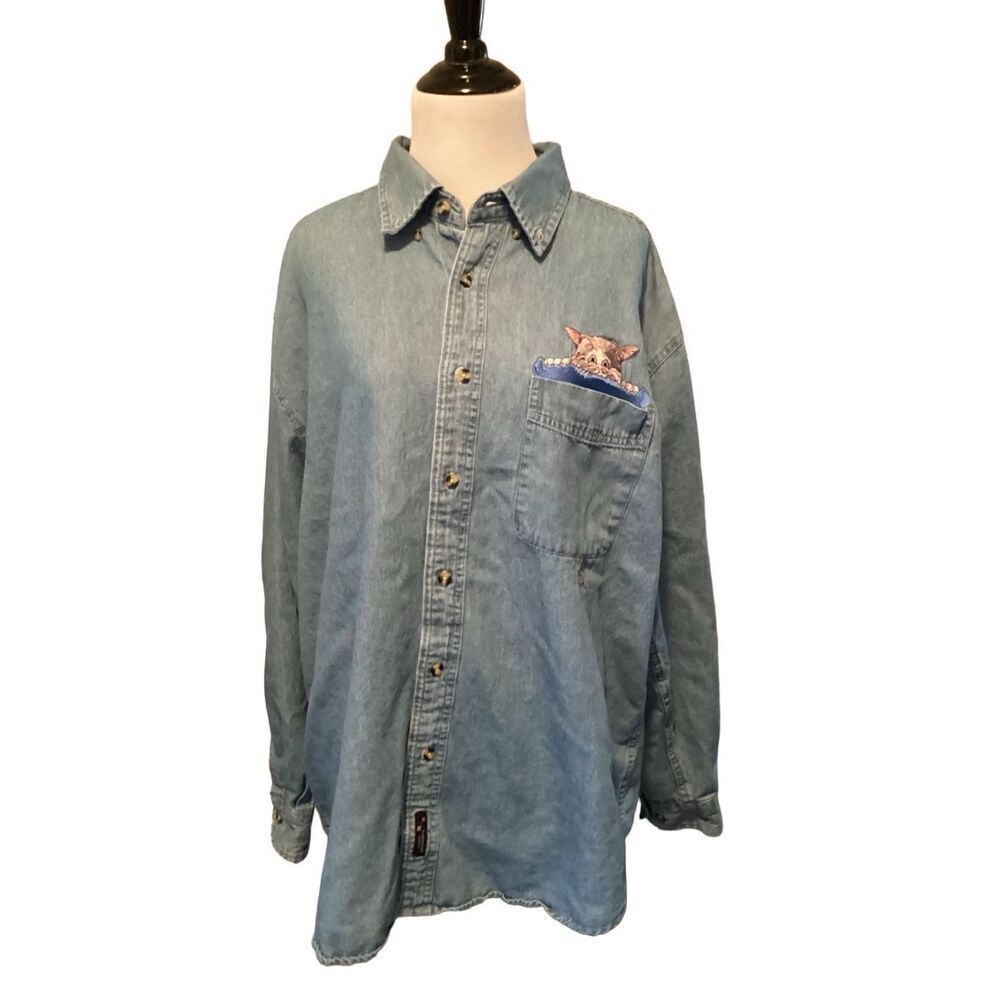C Port Women’s Cat Jean Button Up Large Cat Lover Cotton